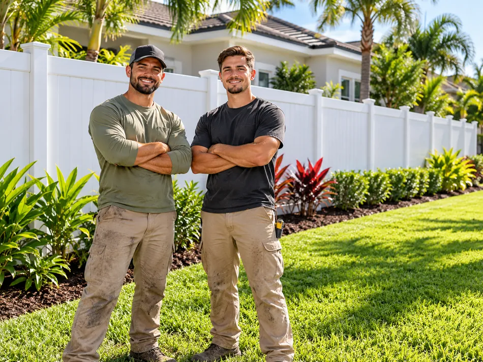 Imagen ilustrativa digital de dos trabajadores de exteriores; no son empleados identificados de LUNA FENCE AND LAWN